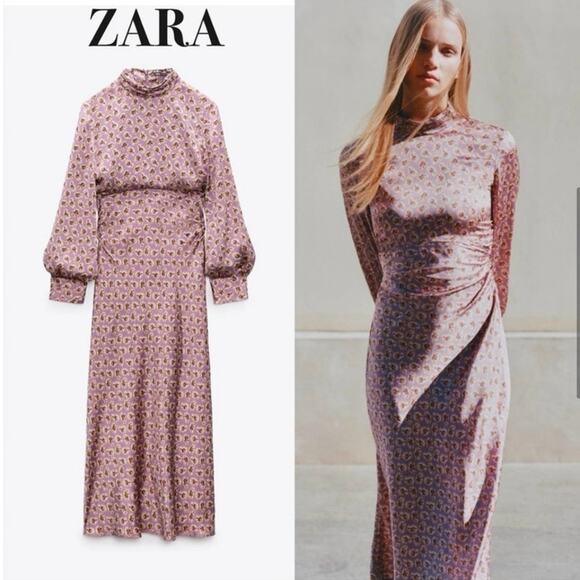 Zara Size M Floral Print Silky Satin Midi Dress Purple With Ruching Long Sleeve - Picture 1 of 12